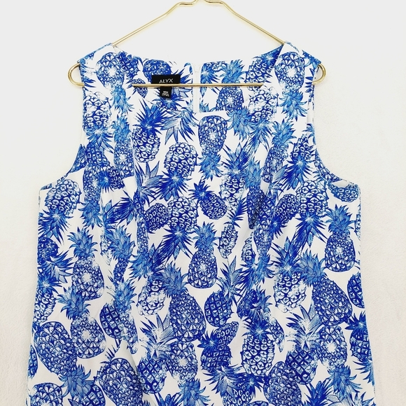 Alyx Pineapple Blue White Print Sleeveless Sheath Dress P6699 - Picture 4 of 12